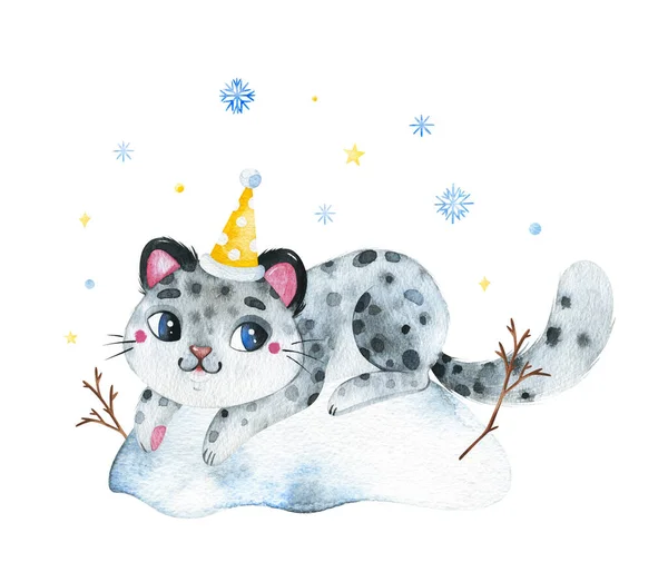 Zimní Ilustrace Akvarelu Roztomilý Sněžný Leopard Sněhu Sněhovými Vločkami — Stock fotografie