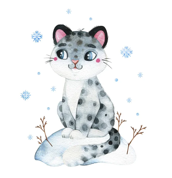 Watercolor Winter Illustration Cute Snow Leopard Snow Snowflakes — Fotografia de Stock