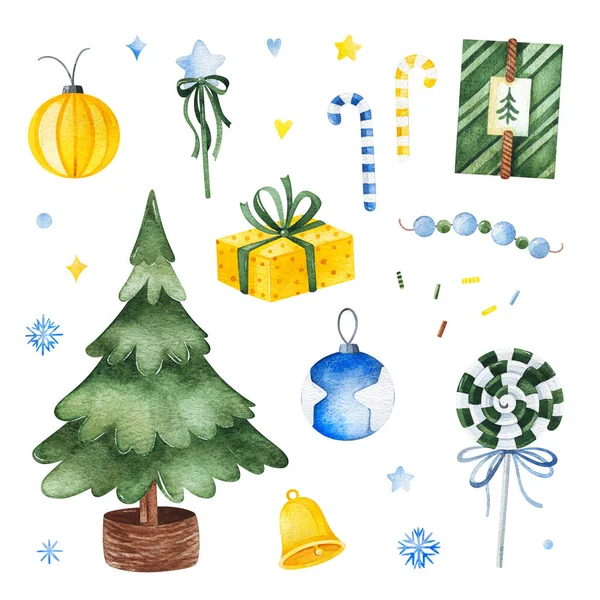 Cute Winter Illustration Watercolor Set Christmas Tree Gift Boxes Decorations — Stockfoto