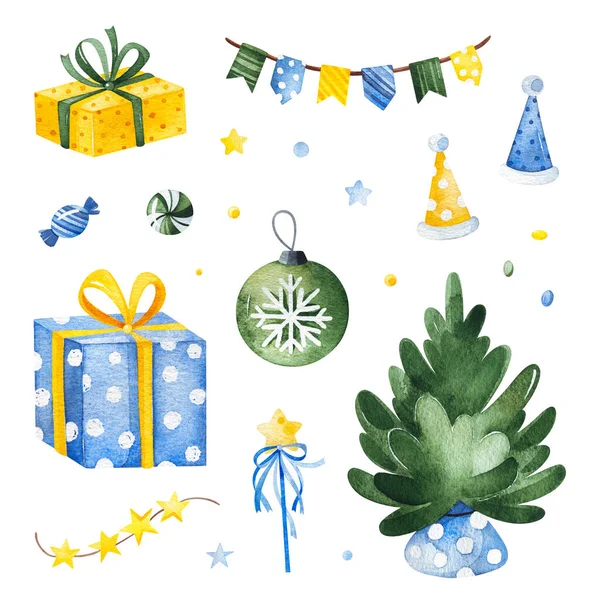 Cute Winter Illustration Watercolor Set Christmas Tree Gift Boxes Decorations — Stockfoto