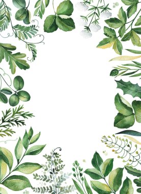 Yeşil yapraklı ve dallı suluboya çiçek çerçevesi. el çizimi resimleme.
