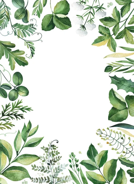 Akvarell Blommig Ram Med Gröna Blad Och Grenar Handritad Illustration Stockfoto