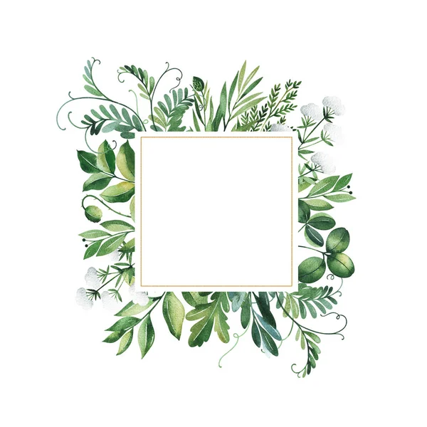 Akvarell Blommig Ram Med Gröna Blad Och Grenar Handritad Illustration Stockbild
