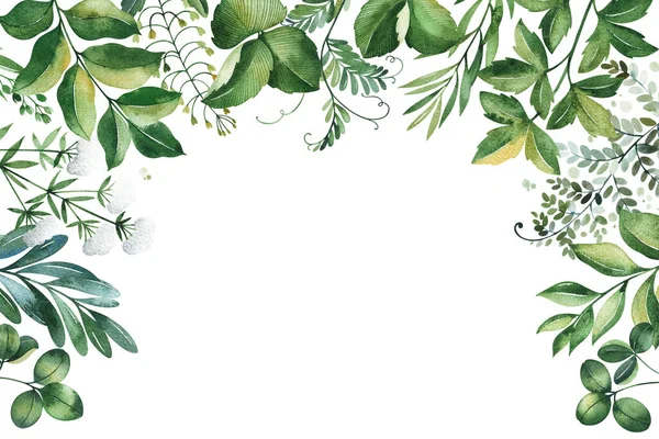 Akvarel Květinový Rám Zelenými Listy Větvemi Ručně Kreslená Ilustrace — Stock fotografie
