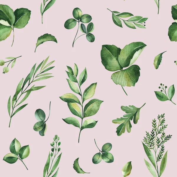 緑の葉で水彩のシームレスなパターン 手描きイラスト — ストック写真