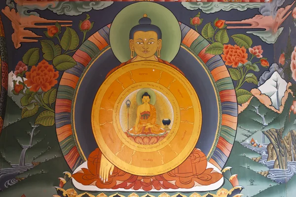 Väggmålning av buddha i gangtey goemba kloster i centrala bhutan. — Stockfoto