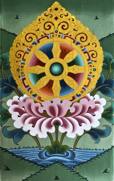 Farbenfrohe Malerei in einem bhutanischen Kloster — Stockfoto