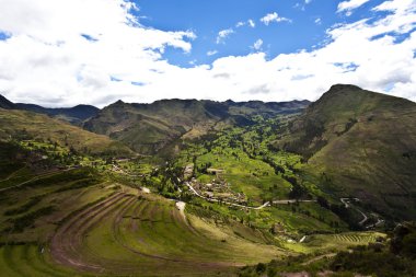 Pisaq, old Inca fortress and terraces in the Sacred Valley next to Cusco, Peru, South America clipart