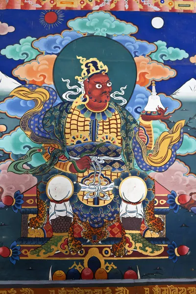 Pintura de parede colorida dentro do mosteiro budista Rinpun Dzong em Paro - Butão Oriental — Fotografia de Stock