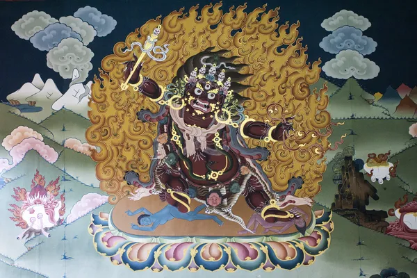 Барвисті фрески всередині trashi chhoe Дзонг монастиря в Тхімпху, бутан — стокове фото