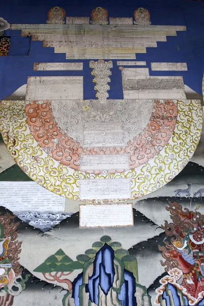 Coloridos murales dentro del monasterio de Trashi Chhoe Dzong en Thimphu, Bután — Foto de Stock