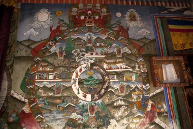 Trongsa Dzong Manastırı Bhutan içindeki hayat çarkı ile duvar boyama