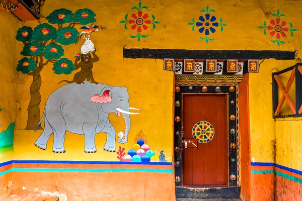 Kleurrijke Muurschildering Binnenkant Van Rinpun Dzong Klooster Paro Bhutan Azië — Stockfoto