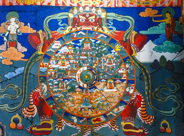 Mural Budista Colorido Dentro Mosteiro Rinpun Dzong Paro Butão Ásia — Fotografia de Stock