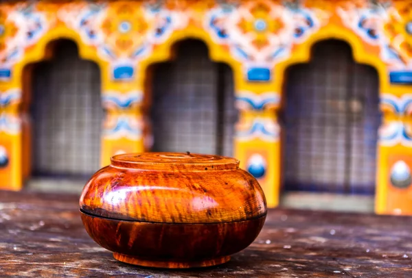 Wooden Polished Monk Alms Bowl Courryard Dzong Monastery Bhutan Asia — Stock Photo, Image