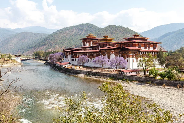 观光台观光台观光台及与亚洲不丹毛竹江的风景 — 图库照片