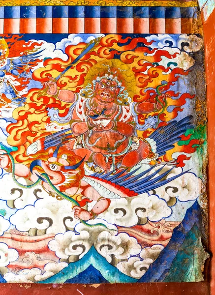 Mural Colorido Com Uma Divindade Dentro Mosteiro Gangtey Goemba Phobjikha — Fotografia de Stock
