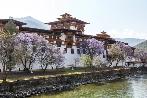 Punakha Dzong修道院与亚洲不丹Mo Chhu河的外围 — 图库照片