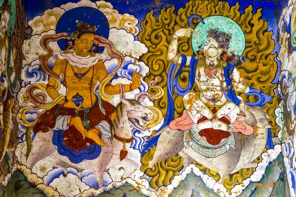 Colorido Mural Dentro Del Monasterio Gangtey Goemba Valle Phobjikha Bután —  Fotos de Stock