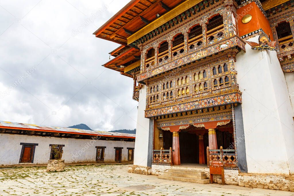 Facade of the Gangtey Goemba monastery in Phobjikha Valley, Central Bhutan, Asia