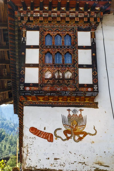 Facade Bhutanese Building Penis Painting Fertility Wall Paro Western Bhutan — Fotografia de Stock