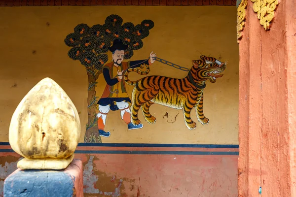 Mural Con Hombre Tigre Monasterio Rinpun Dzong Paro Bután Asia —  Fotos de Stock