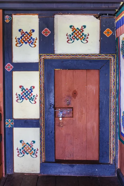 Door Walll Painted Endless Knots Drametse Goemba Monastery East Bhutan — Stock Photo, Image