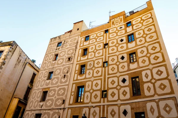 Zdobená Fasáda Starých Středověkých Domů Borne Barceloně Katalánsku Španělsku Evropě — Stock fotografie