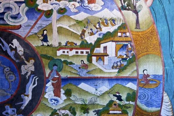 Färgglad Väggmålning Med Buddistisk Berättelse Mongar Dzong Kloster Mongar Bhutan — Stockfoto