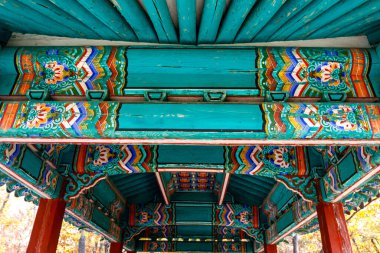 Seul, Güney Kore, Asya 'daki Changdeokgung Sarayı' ndaki bir köşkün renkli çatısı.