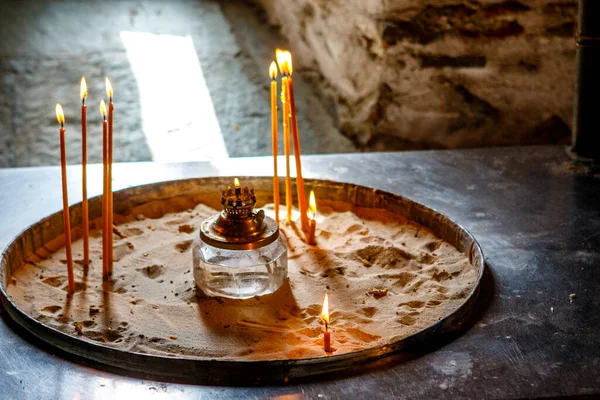 Kerzen Inneren Eines Griechisch Orthodoxen Meteora Klosters Griechenland Europa — Stockfoto