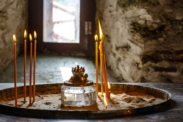 Lichte Kaarsen Een Meteora Grieks Orthodox Klooster Griekenland Europa — Stockfoto