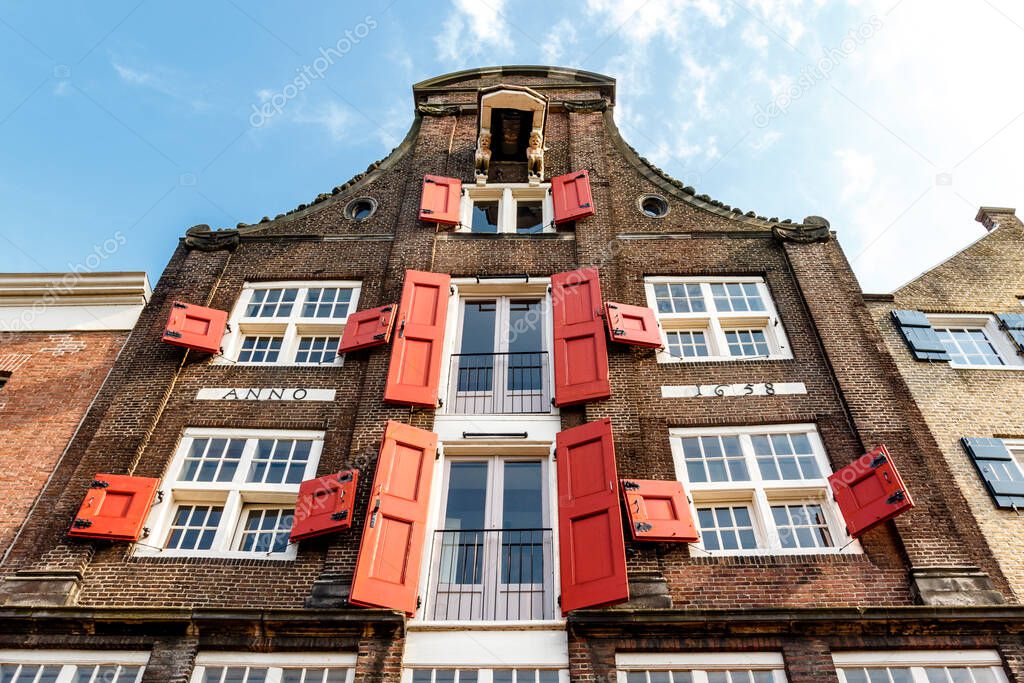 Facade of an old warehouse at the inner harbor in Dordrecht, Zuid-Holland, The Netherlands, Europe