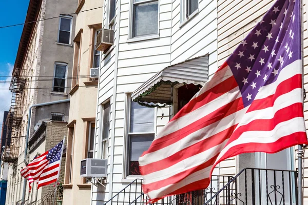 Bandeiras Americanas Decoração Nos Steets Brooklyn Nova York Dia Julho — Fotografia de Stock