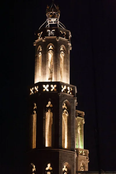 Klokkentoren Van Santa Maria Del Mar Nachts Borne Barcelona Catalonië — Stockfoto