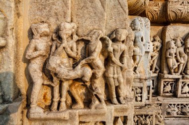 Exterior of the Jain temple Adinatha temple with scenes from the Kamasutra, a Jain temple in Ranakpur, Rajasthan, India, Asia