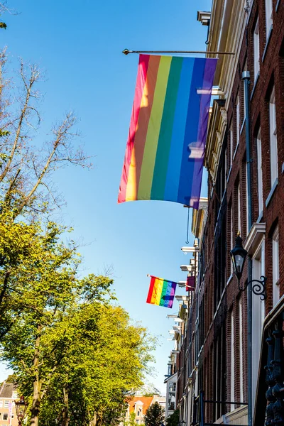 Old Dutch Canal Houses Amsterdam Progress Pride Flag Facades Gay — Stockfoto