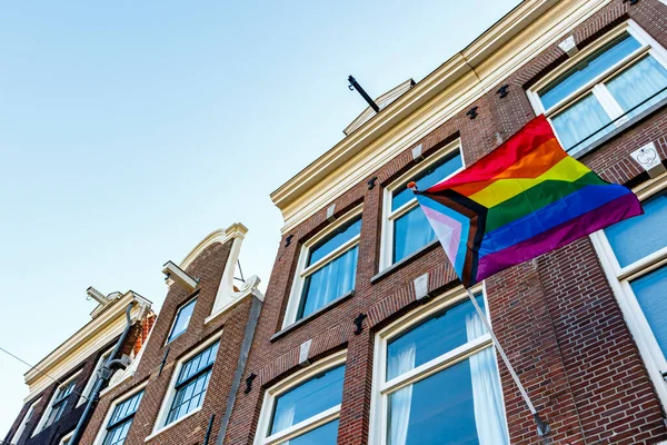 Old Dutch Canal Houses Amsterdam Progress Pride Flag Facades Gay — Stockfoto