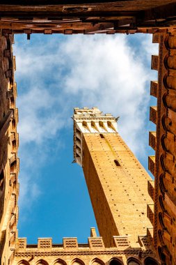 Interior courtyard and tower  of the city hall (in italian: Palazzo Comunale or Palazzo Pubblico) in Siena, Tuscany, Italy, Europe