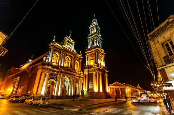 Illuminated Exterior San Francisco Church Salta Night Argentina South America — Stock Photo, Image