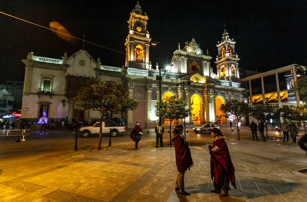 Facciata Illuminata Della Cattedrale Salta Catedral Baslica Salta Sera Salta — Foto Stock