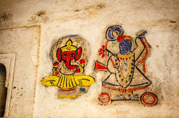Wall painting of Hindu Gods Ganesha and Vishnu at Bundi palace, Rajasthan, India, Asia