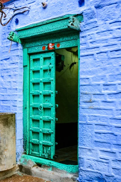 Gammalblått Hus Med Grön Dörr Inne Jaisalmer Fästning Jaisalmer Rajasthan — Stockfoto