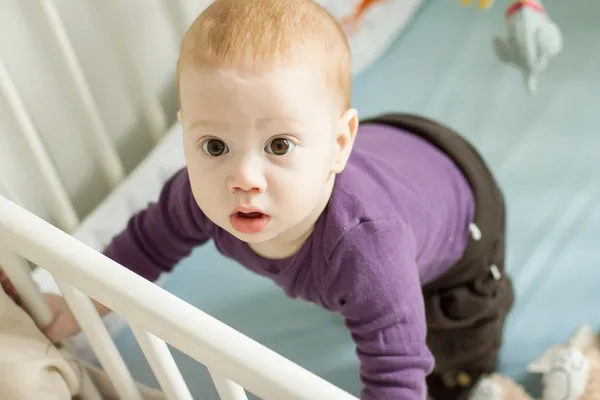 Imádnivaló baba fiú próbál felállni, felülnézet — Stock Fotó