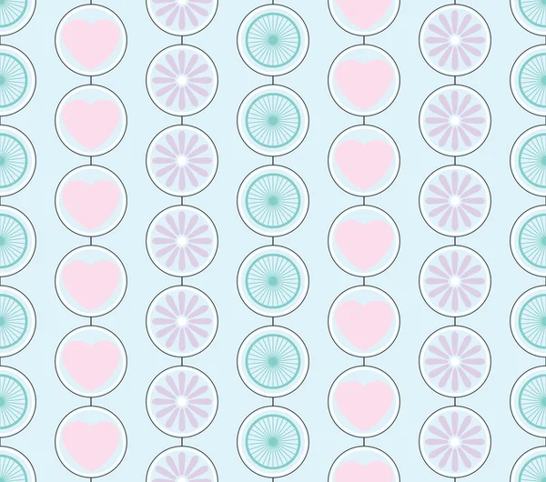 Retro naadloze patroon van harten, bloemen en cirkel in pastel kleuren — Stockvector