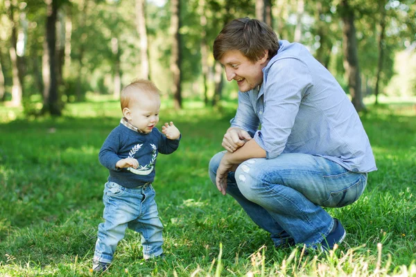 Happy father and baby boy son outdoor — Stok fotoğraf
