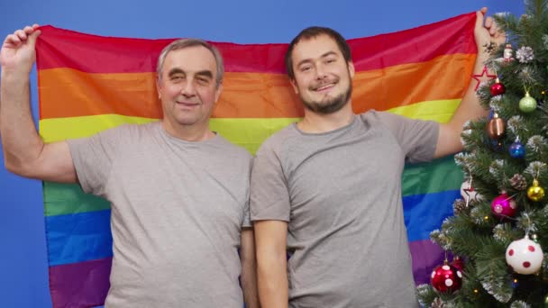 Δύο άντρες στο φόντο της σημαίας του ουράνιου τόξου. Δικαιώματα ΛΟΑΤ. — Αρχείο Βίντεο