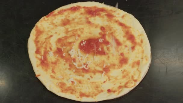 Közelkép séf tesz aprított sajt pizza tészta paradicsommártással. Hagyományos olasz kézzel készített pizza készítésének folyamata. — Stock videók