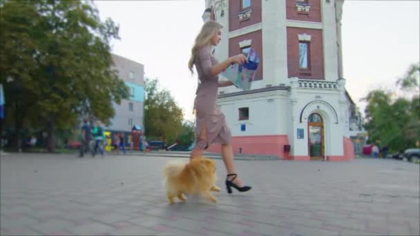 Attraktiv ung flicka med hund reser i Europa och utforska vackra sightseeing. — Stockvideo