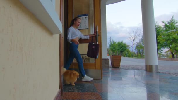 Schattig jong meisje wandelen met haar schattige hond in warme zonnige dag, slow-motion. — Stockvideo